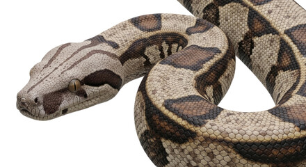 Closeup of a Boa Constrictor (not Eastern Diamondback) showing detailed scales and intricate patterns, isolated on a transparent PNG background. Striking reptile image.
