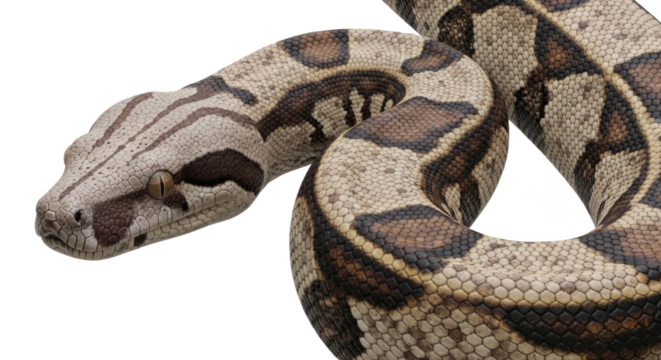 Closeup of a Boa Constrictor (not Eastern Diamondback) showing detailed scales and intricate patterns, isolated on a transparent PNG background. Striking reptile image.