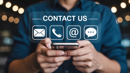 Person using smartphone with digital contact icons. Customer service, digital contact, business communication, accessibility, support system.