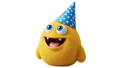 Adorable fluffy yellow monster wearing a party hat, with a joyful expression. Isolated on transparent PNG, perfect for celebrations, birthdays, and fun designs.