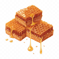realistic fresh liquid honey dripping from a honeycomb isolated on a transparent background 