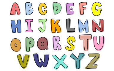 Cute set colorful hand drawn uppercase alphabet ABC letters font outline color tracing trace doodle kids illustration wall art transparent clipart poster nursery png