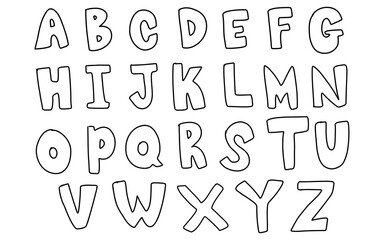 Cute set coloring hand drawn uppercase alphabet ABC letters font outline black color doodle kids illustration wall art transparent clipart poster nursery png collection
