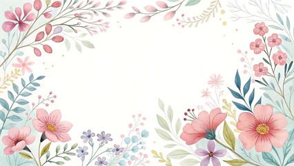 Watercolor floral frame illustration with pink flowers and delicate greenery elements