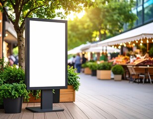 Blank advertising billboard stands near a bustling outdoor market at sunset