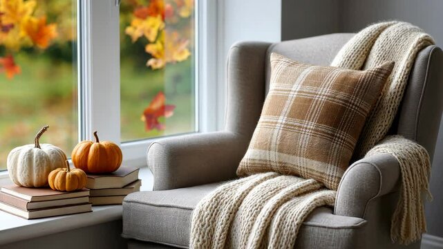 Cozy autumn interior with armchair, pumpkins, and falling leaves behind the window