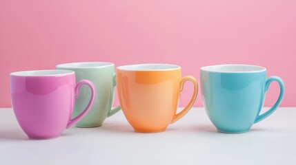 Colorful ceramic mugs arranged neatly against a soft pastel pink background, perfect for showcasing modern kitchen aesthetics and interior design concepts in stock photography.