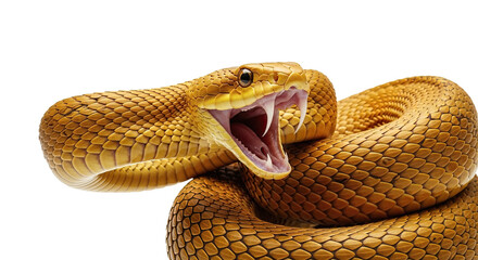 A visually striking golden snake in a threatening pose, mouth open and fangs visible. Dynamic...