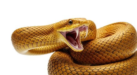 A visually striking golden snake in a threatening pose, mouth open and fangs visible. Dynamic vector art illustration ideal for themes of danger or power.