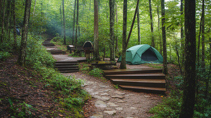 Wooden steps lead to a campsite in the Great Smoky Mountainsâ€™ Cosby Campground, inviting visitors into the forest retreat