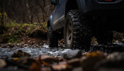 Expedition prepared SUV riding across the rocky river