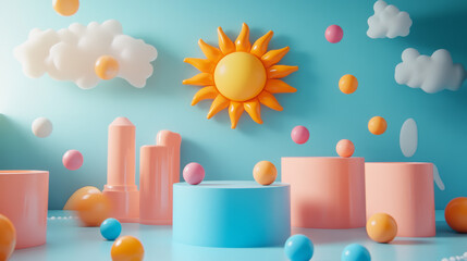 A 3D-rendered scene features playful podiums with a toy sun and balls, designed for a whimsical product display