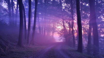 Obraz premium Dreamlike Forest Trail in Purple Haze After Sunset