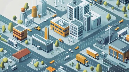 Obraz premium Isometric illustration of a modern city with buildings, roads, vehicles, and trees.