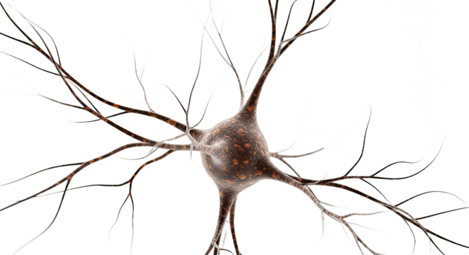 Detailed illustration of a nerve cell (neuron) showcasing its intricate dendrites, isolated on a white background. Perfect for biology, science, and medical themes.
