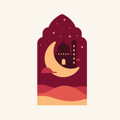 Night Scene Crescent Moon, Mosque, and Desert Sands - Ramadan Illustration