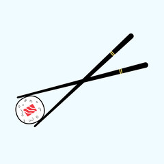 Chopsticks holding sushi rolls, Japanese exotic food. Flat modern vector illustration, isolated on white. Seafood snack, restaurant concept.