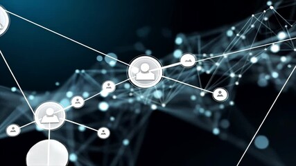 A network of white profile icons connected by glowing lines against a blurred, dark blue background, creating a futuristic, interconnected feel - Powered by Adobe