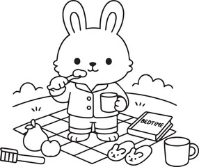 Cute bunny in pajamas brushes teeth at bedtime picnic with slippers and book.