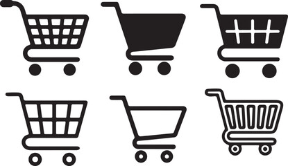 Shopping Cart Icon Set, Retail Symbol, Different Styles, Line Art on Transparent