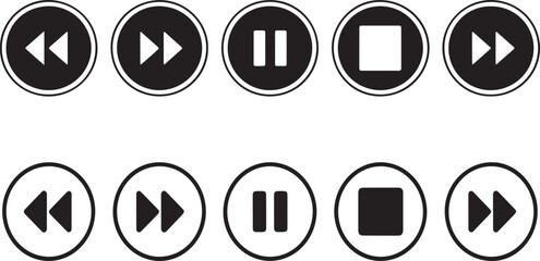 Media Playback Icons Set in Black and White Rewind, Fast Forward, Pause, Stop