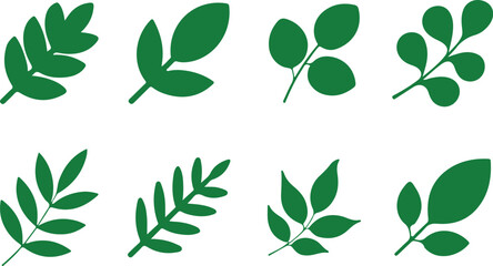 Green Leaves Silhouette Set, Botanical Foliage Elements on Transparent Background