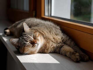 Overweight cat lying lazily on a windowsill, sunlight streaming through the glass