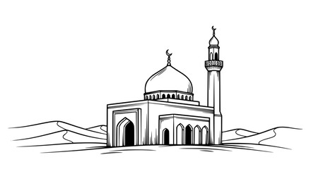 Desert Mosque Line Art Single Dome Tall Minaret