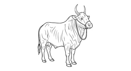 Detailed Line Art Illustration of a Bull Wearing a Rope Halter
