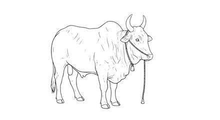 Detailed Line Drawing of a Tethered Zebu Cow