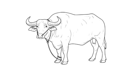 Detailed Line Drawing of a Water Buffalo with Rope Halter