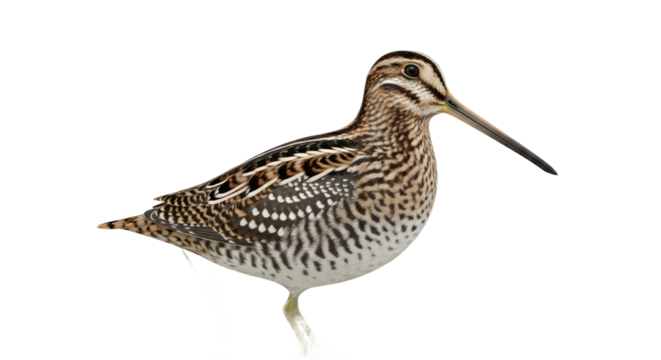 Natural image of a snipe bird, likely a wild marsh species, on a transparent PNG background. Ideal for wildlife compositions, birdwatching, or nature themes.