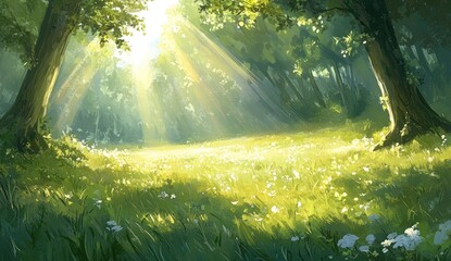 Sunlight streams through a vibrant forest clearing, dappled with wildflowers. Lush green grass and tall trees create a tranquil atmosphere