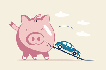 Saving money for new car, automobile expense and cost or car loan concept, wealthy piggybank open container loading deliver new car to new owner.