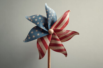 A paper pinwheel featuring the American flag design with stars and stripes. 