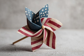 A paper pinwheel featuring the American flag design with stars and stripes. 
