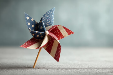 A paper pinwheel featuring the American flag design with stars and stripes. 