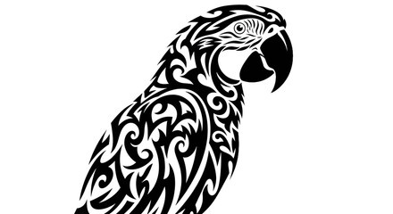 A stylized black silhouette of a parrot with tribal graphic influences. Unique vector art perfect for ethnic-inspired designs, tattoos, or decorative elements.