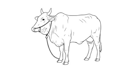 Line Art Illustration of a Cow with Halter and Bell