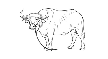 Line Art Illustration of a Water Buffalo with Rope Halter