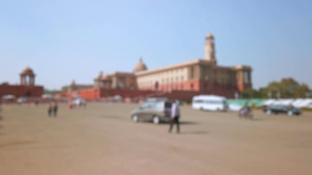 Bokeh view of Rashtrapati Bhavan in New Delhi, India. Blurred background footage.