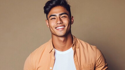 Obraz premium Smiling young man in a casual outfit poses against a neutral background, radiating confidence and charm. Perfect for lifestyle and fashion-related content.