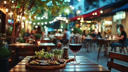 Warm, inviting restaurant scene at night with food, wine, and people enjoying the illuminated ambiance in an outdoor setting