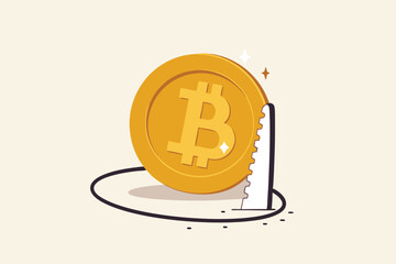 Cryptocurrency market drop, bitcoin collapse and crypto coin price crisis, trading trap or pitfall concept, thief sawing the floor to make bitcoin collapse falling down.