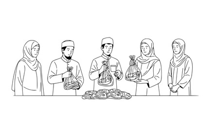 Muslim Community Sharing Eid Meat Line Art Illustration
