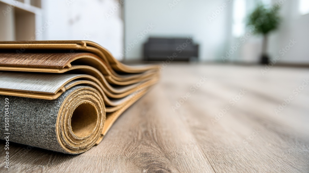 Aufkleber pack of laminated flooring on clean floor with ample copy space ready for use in home renovation pro