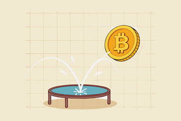 Bitcoin price rebound, crypto currency bounce back to rising up after falling down concept, golden bitcoin bounce back on the trampoline rising up on price graph.