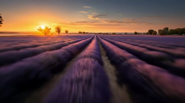 Lavender fields glowing under warm sunset sky