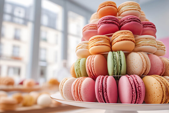 Macron tower full of colourful macrons as a display inside a parisian bakery