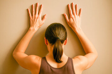 A focused woman presses her hands against a wall, performing a posture correction exercise to align the spine and shoulders, enhance upper body mobility, and promote better posture through stretching
